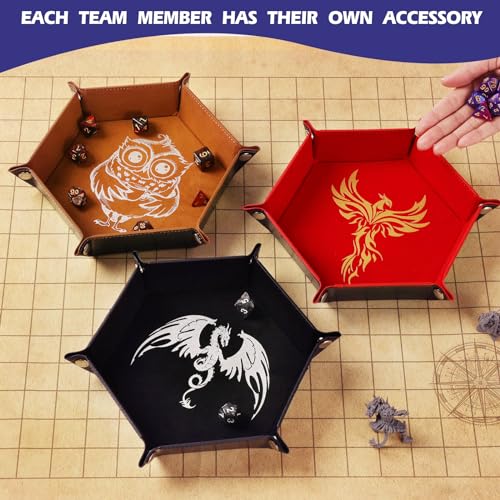 Grajar 6 Pcs DND Dice Tray with Animals Pattern for RPG D&D Table Games - Folding PU Leather and Velvet Rolling Holder Storage Box - color: Animal Series