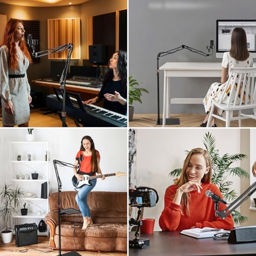 Microphone Stand Floor with Tray & Boom Arm, 5.5lbs Weighted Base | Height Adjustable Studio/Podcast Mic Stand w/ 3/8'' to 5/8'' Adapter & 2 Mic Clips Compatible with Blue Yeti QuadCast AT2020