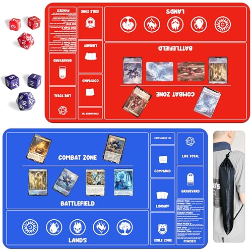 Card Game MTG Playmat for Beginner 2 Pack with Dices, Magic Mat Commander Deck Playmat for TCG MTG Accessories Play Mat 24x14 Inches Duel Card Battles, Red/Blue - color: Blue+red