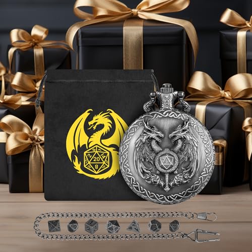 Mini DND Dice Set with Wand and Double Dragon Head Pocket Watch Shell Case, DND Starter Set, 7pcs Polyhedral Mini Metal Dice Set, D&D Gifts with Gift Bag, Role Playing Board Game Accessories, Silver - color: Dark Silver