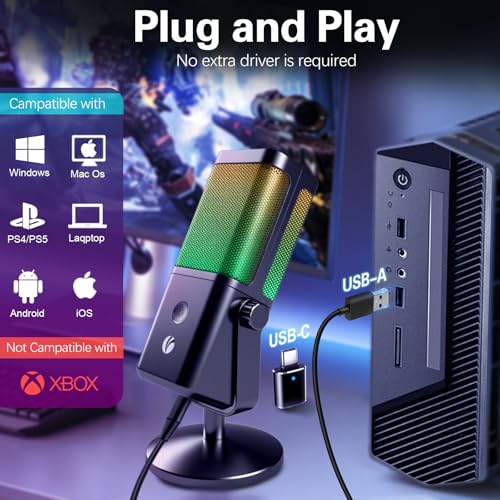 VCOM USB Microphone for PC, RGB Gaming Microphone with Mute Button, Gain Control, Monitoring Headphone 3.5mm Jack, PC Mic for Gaming, Streaming, Podcast, VoiceOver, Recording