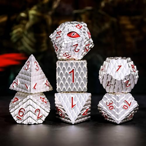 Metal Dice Set D&D,7 PCS Dragon Scale Metallic DND Dice Set,Dragon Eye Metal Dice with Gift Metal Box for Dungeons and Dragon Tabletop Game (White Dragon Scale & Red Eye) - color: White Dragon Scale & Red Eye