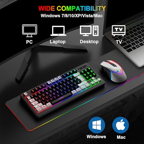 BlueFinger Wireless Gaming Keyboard and Mouse Combo, RGB Rainbow Backlit Rechargeable Battery, 87 Keys TKL Light Up Keyboard with Ergonomic Gaming Mouse for Mac Laptop Computer PC Gamer(White & Black) - color: White & Black