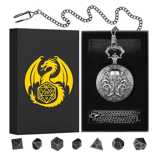 Mini DND Dice Set with Steampunk Double Eyed Octopus Pocket Watch Case, Tiny 7PCS Polyhedral Metal D&D Dice, DND Gifts with Gift Box, Role Playing Game Board Game Accessories Dice, Dark Silver - color: Dark Silver