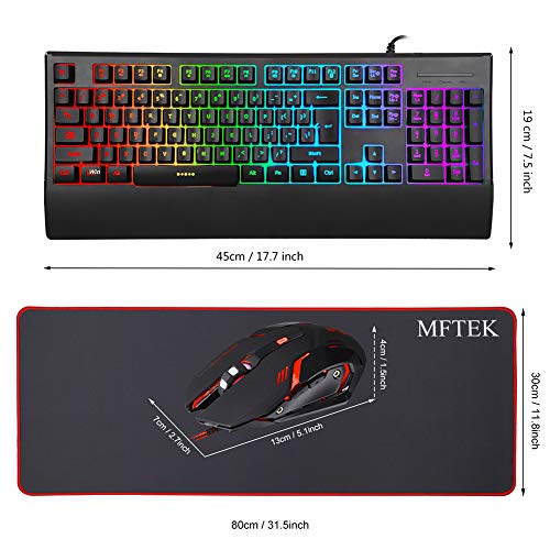 MFTEK RGB Rainbow Backlit Gaming Keyboard, XXL Extended Large Gaming Mouse Pad, LED Lighted Wired Gaming Mouse, Programmable Gaming Keyboard and Mouse Combo for Working