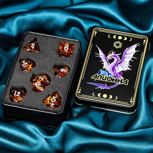 ARUOHHA Liquid Core DND Dice Set, 7pcs Resin Sharp Edged Dragons Dice Role Playing Games, RPG Silver Numbers Red Dungeons Polyhedral Dice with Gift Box D20 D12 D10 D8 D6 D4 - color: Silver Red
