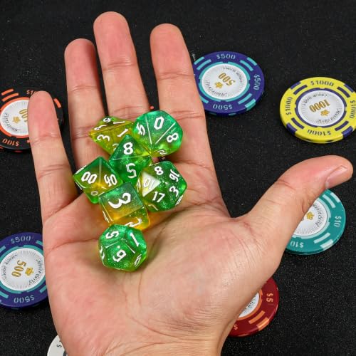 QMAY DND Dice Set -D&D Polyhedral Dice (7 Pcs) for Dungeons and Dragons (Pale Yellow and Green Glitter) - color: Pale Yellow and Green Glitter