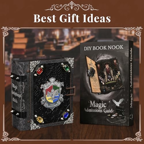 MiniCity Magic Admissions Book Nook Kit, Wooden Miniature House with LED | Open the book-style case to reveal a magic academy; 248-piece LED model includes dust cover, glue/tools and guide, ages 14+. - style: Magic Admissions Guide