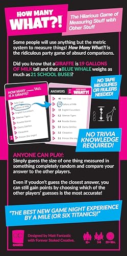 How Many What?! Board Game, Hilarious Party Game of Absurd Comparisons, Guess Sizes in The Most Ridiculous Ways, Fun for Families, Friends & Game Nights, 3-8 Players, Ages 10+, 20 Min Playtime