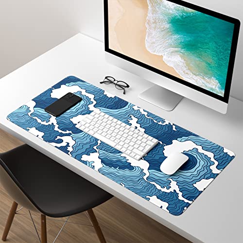 Extended Gaming Mouse Pad, Japanese Blue White Wave Mousepad, XL Large Mouse Mat Desk Pad 30 x 14 Inch, Waterproof Anime Mouse Pad with Stitched Edges and Non-Slip Base for Office Gaming - color: Blue White Wave