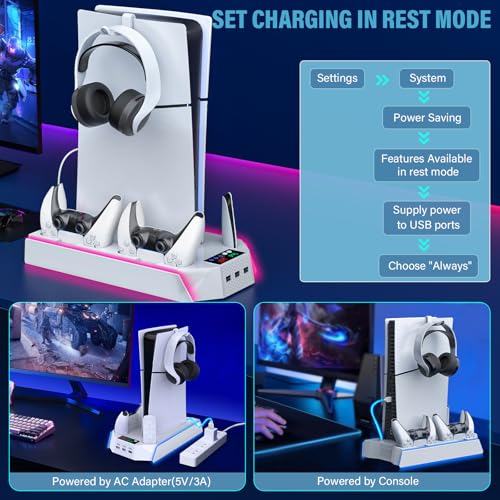 Slim Cooling Station Stand LED with Dual Controller Charging Station for PlayStation 5 Console, PS 5 Accessories Incl. Controller Charger, Cooling Fan, Headset Holder, 3 USB Hub- LED White - color: RGB WHITE