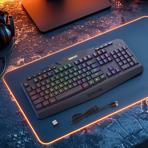 Redragon K503 Wireless Gaming Keyboard, 3-Mode (2.4G/BT/USB), RGB LED Backlit, Multimedia Keys, Fully Programmable Silent Membrane Keyboard with Wrist Rest for Windows PC Games (Black) - color: Blue-Black