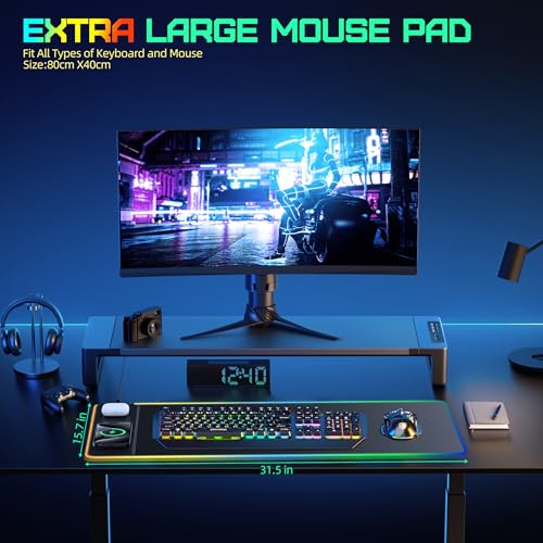 Wireless Charging RGB Gaming Mouse Pad, Mouse Mat with 15W Fast Charging, LED Large Gaming Mousepad with 15 Lights Modes, Ultra-Smooth Surface, Waterproof Non-Slip Desk Pad for Laptop, MacBook, PC