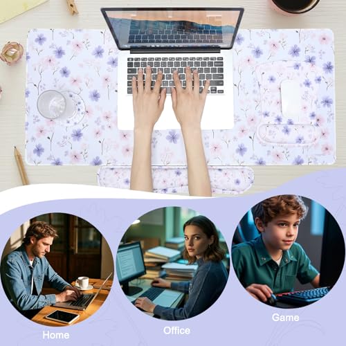MEGREZ 4-in-1 Mouse Pad with Wrist Rest Ergonomic Memory Foam Desk Mat Set | ergonomic, anti-slip base, 4pcs set, desk pad, mouse wrist rest, keyboard rest, coaster, ideal for office & gaming - color: White Flower