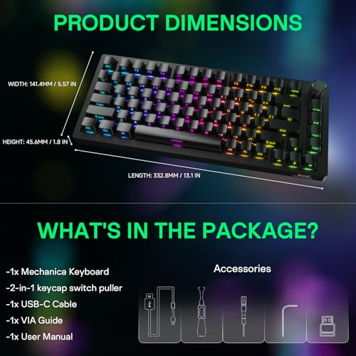 HINATSUSIKE H83 Pro 75 Percent Wireless Mechanical Keyboard for Gaming, Hot-Swappable with Knob, RGB Backlit, Pre-Lubed Cardamom Linear Switches, Side-Printed PBT Keycaps, 2.4G/BT5.0/USB-C Black - color: H83 Pro Black