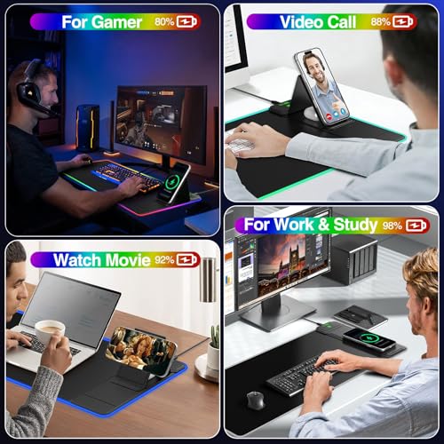 XL RGB Gaming Mousepad, 25 Lighting Effects, 15W Fast Charging, Phone Stand | 31.5"x11.8" Extended Keyboard Mat Pad with Stitched Edges, Ultra-Smooth Waterproof Surface, Non-Slip Base - color: RGB-Magnetic Stand-31.5"x11.8"-Right