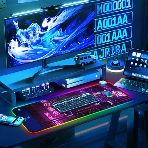 RGB Gaming Wireless Charging Mouse Pad Mat, 15W 10 Light Modes LED Mousepad | ToLuLu Computer Keyboard Mouse Pad, 800x300x4MM Extended Large Desk Mat for Gaming, MacBook, Laptop, PC, Neon Purple Sign - color: Neon Purple Sign