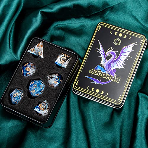 ARUOHHA Blue DND Resin Dice Set 7PCS Translucent Handmade RPG Polyhedral Sharp Edge Dice Set with Gift Box, Glitter Inclusions D and D Dice D20 D12 D10 D8 D6 D4 - color: Blue
