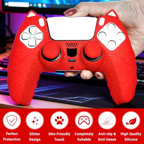 Red Cat Glitter Anti-Slip Protective Silicone Cover Skin Grips Compatible with PS5/Slim/Pro Controller,8 PCS Thumb Grips Caps and 2 Paw Grips Caps. (Cat Red) - color: Cat Red