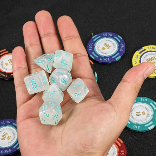 QMAY DND Dice Set -D&D Polyhedral Dice (7 Pcs) for Dungeons and Dragons (Transparent White Glitter) - color: Transparent White Glitter
