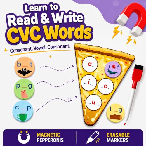 CVC Words on Pepperoni - Learn to Read & Write, Magnetic Phonics Games | Preschool Kindergarten Learning, Write-Wipe Activity, Classroom & Homeschool Supplies, Speech Therapy Ages 3+ - size: CVC Word Game