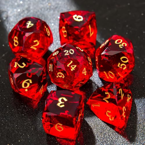 Multifaceted red Glass Crystal DND Dice Set 7 PCS Gemstone Suitable for Dungeons and Dragons RPG Games - color: Red Glass