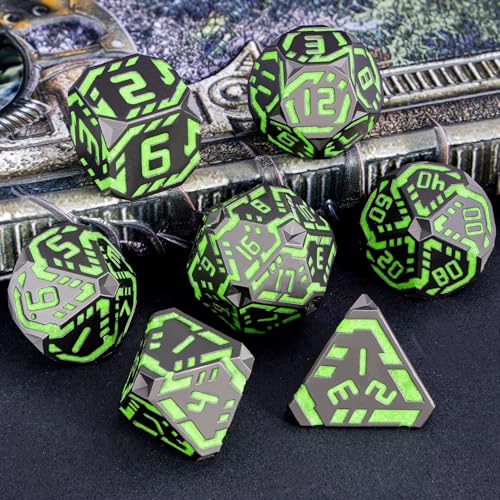 Metal DND Sci-fi Dice Set 7PCS Luminous Green Stripe Polyhedral Dice for Dungeons Dragons RPG Role Playing Game, Glitter D and D Dice with Gift Box D6 D8 D10 D12 D20 - color: Nightlight - Green