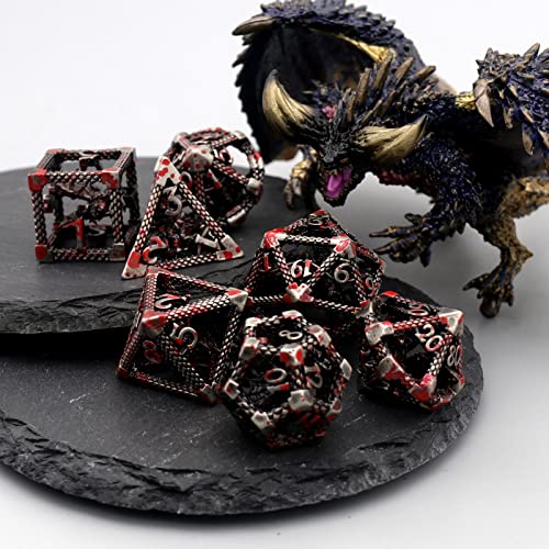 DND Dice Set,3D Hollow Dragon Metal 7-Die,Silver Blood Spot | Copper construction,68g Balanced weight,Engraved numbers,Gift box and Velvet bag for DND RPG play - color: 3d Silver Blood Spot