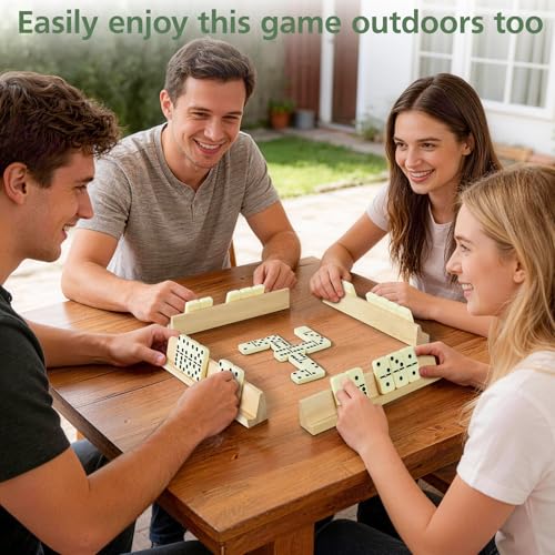 Dominos Set for Adults with 4 Wooden Racks,Double 6 Dominoes Set with Portable Case, 28 Standard Domino Tiles for Family Board Games