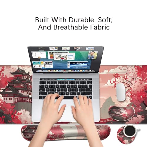 Desk Mat, Large Gaming Mouse Pad with Wrist Rest, 4 in1 XXL Mouse pad+Keyboard Wrist Rest+Mouse Pad Wrist Support+Cup Coaster Set, Ergonomic Desk Pad for Home Office, Japanese Sunrise - color: Japanese Sunrise