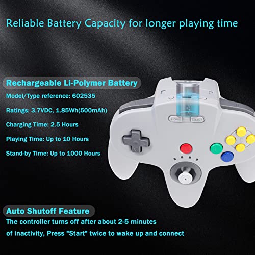 SAFFUN Wireless N64 Controller Made for Switch 1 & 2, N64 Console, (Gray) | (Built-in Vibration) (Rechargeable) (3D Analog Stick), 2.4 GHz USB & N64 Receiver Made for Switch Online, Windows PC, macOS - color: Gray