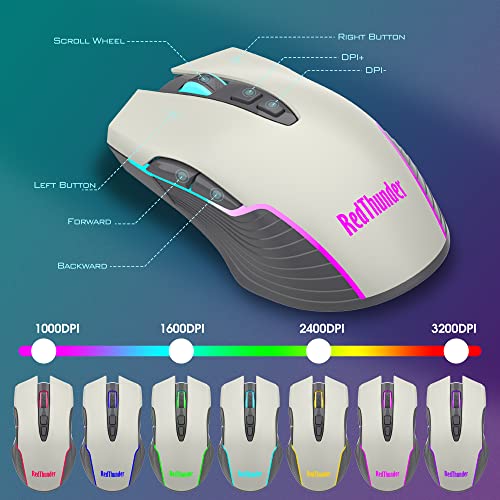 RedThunder K10 Pro Wireless Gaming Keyboard and Mouse Combo, RGB Backlit Rechargeable 3800mAh Battery, Mechanical Feel Anti-ghosting Keyboard + 7D 3200DPI Mice for PC Gamer(White Gray) - color: White-Gray RGB