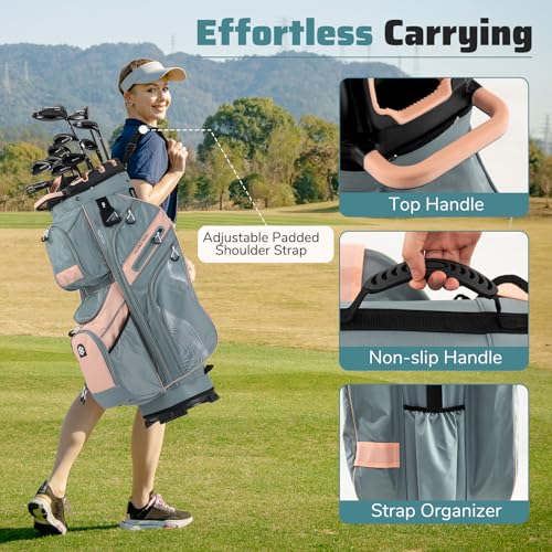 Goplus Lightweight Golf Cart Bag, Molded Lock Top Golf Club Bag w/14-Way Full Length Organizer Dividers, 11 Pockets, Cooler Bag, Straps, Umbrella Holder & Rain Hood for Men Women - color: Grey+Pink