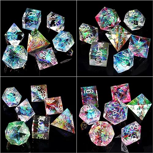 Haxtec Sharp Edge DND Dice Set, Rainbow Resin Polyhedral RPG Dice | Iridescent Galaxy D&D for Table Games, Compatible with Dungeons and Dragons, Handmade 7-Die with Metal Case, MTG Gifts - color: White Blue Red Yellow