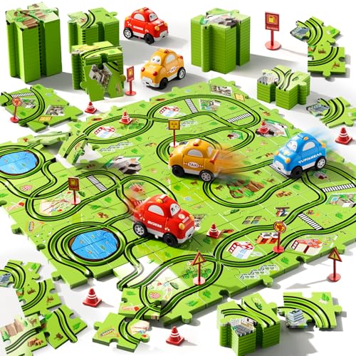 Beby Buty 64PCS Puzzle Track Car Set Toys for Kids Boys, Toddler Toys Gifts for 3 4 5 Year Old, Floor Puzzle Tracks Car for Boys Ages 3-5 4-6, for 3 4 5 6 Year Old - style: 64 PCS City Theme