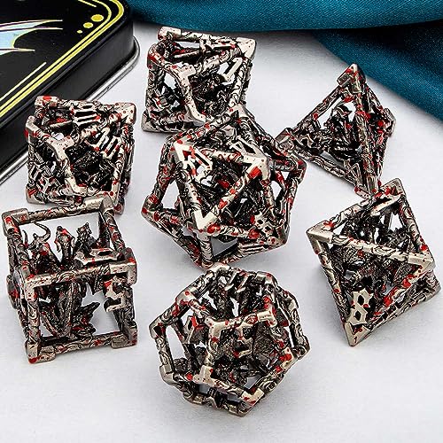 ARUOHHA Hollow DND Dice Set Blood Spatter 5-Headed Dragons D and D Dice with Gift Box, Role Playing Games 7PCS RPG Metal Dungeons Polyhedral Dice D20 D12 D10 D8 D6 D4 - color: Blood Apatter