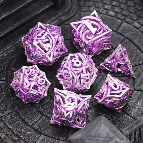 FONVGOGO Metal DND Dice Set of 7 for Dungeons and Dragons Hollow Polyhedral Metal Vine Dice Set DND with Case Role Playing D and D RPG Dice for Tabletop Games Ttrpg (Vine White Purple) - color: Vine White Purple