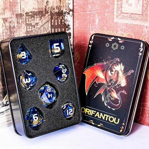 Magic Golden Ring DND Dice Set with Dice Box, Blue Resin Sharp Edge D and D Dice for use with D&D Tabletop Games Handmade Lord Polyhedral Dice Set D20 D12 D10 D8 D6 D4 - color: Ring - Blue-2