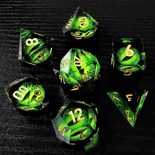 BESCON Dragon's Eye Sharp Edged Polyhedral Dice Set of 7, Handmade Dragon's Eye Dice for Role Playing Game - color: Green Eye Set