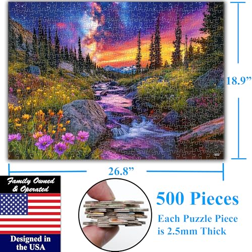 Think2Master Starry Mountain River 500 Pieces Large Format Jigsaw Puzzle: 13+, Teens, Adults & Families.Vibrant Starry Night & Milkyway Landscape with Flowers. Great Gift. Size: 26.8” X 18.9” - style: Starry Mountain River