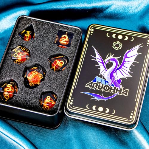 ARUOHHA DND Resin Dice Gazes Eye Dice Black Gold Liquid Core Flaming RPG Sharp Edged Dice Set with Gift Box, Polyhedral D and D Dice Set Compatible with Dungeons Dragons Role Playing Game D20 D6 - color: Sl01-black Gold