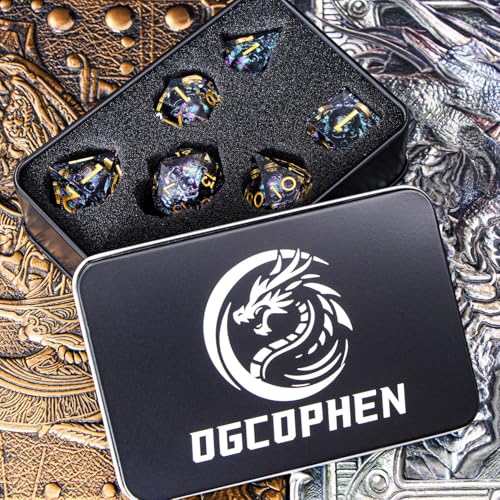 DND Skull Dice Set 7PCS Necromancer Polyhedral Dice for Dungeons Dragons RPG Role Playing Game, Resin Sharp Edged D and D Dice with Gift Box D6 D8 D10 D12 D20 (Purple Green) - color: Purple Green&gold
