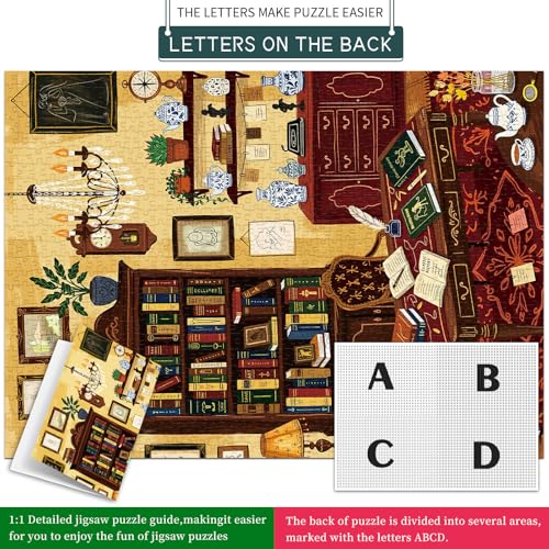 1000 Piece Jigsaw Puzzles for Adults, Study Room Puzzle with 1:1 HD Poster, Precise Interlocking, Letter Markings on Back, Dust-Free, Stress Relief & Ideal Family Game Gift - color: Study Room