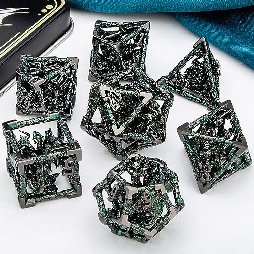 ARUOHHA Hollow DND Dice Set Black Green 5-Headed Dragons D and D Dice with Gift Box, RPG Role Playing Games 7PCS Metal Dungeons Polyhedral Dice Set D20 D12 D10 D8 D6 D4 - color: Black Green-02