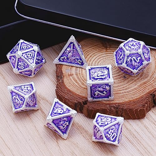 AUSTOR 7-Die Metal DND Dice Set Dungeons and Dragons Polyhedral Roll Playing Dice with Box D20 D12 D10 D% D8 D6 D4 for Pathfinder MTG RPG Board Games - color: Violet With Silver Edge
