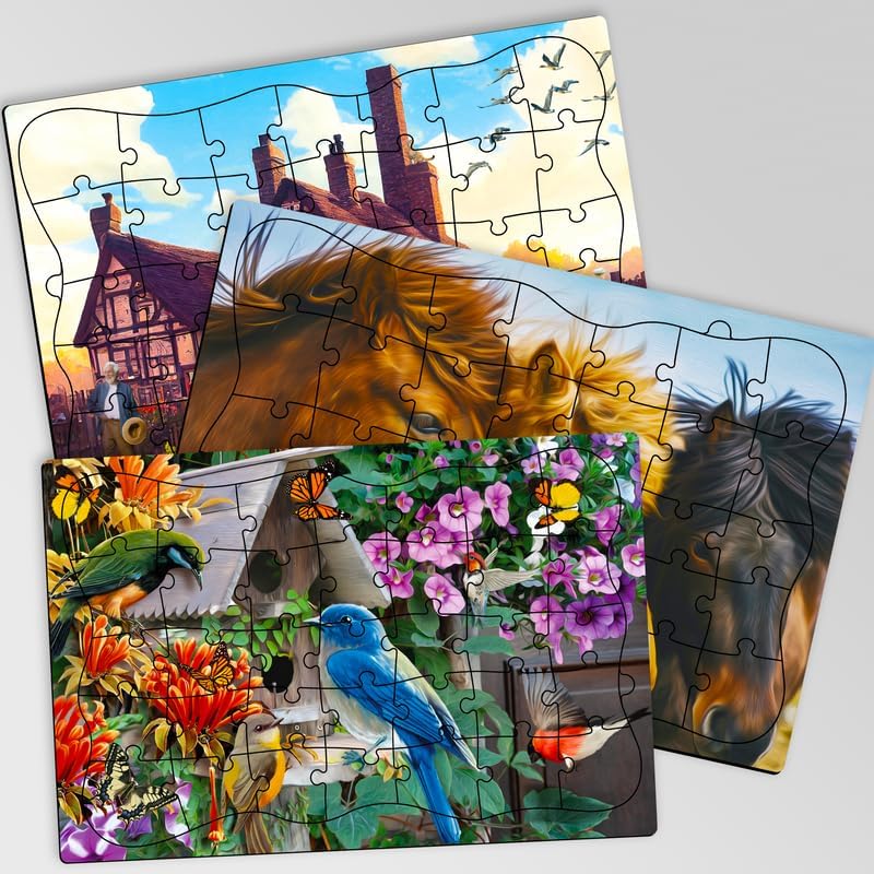 QUOKKA 35 Piece Dementia Activities for Adults - 3 Set Dementia Puzzles for Elderly - Large Piece Gifts Products for Seniors - Alzheimers Jigsaw Puzzle Games for Adults - Birds, Steeds, and Old City
