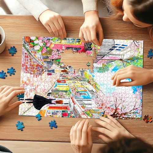 Spring Cherry Blossom Street 500 Piece Jigsaw Puzzles for Adults Colorful European Scene Pink Town Jigsaw Puzzles with Letters on Back for Perfect Family Challenge Game Nights (23"X15") - color: Spring Cherry Blossom