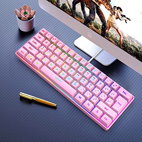 Snpurdiri 60% Wired Gaming Keyboard, 61 Keys RGB Backlit Ultra-Compact Mini Gaming Keyboard for PC/Mac Gamer, Typist, Travel, Easy to Carry on Business Trip(Pink) - color: Pink