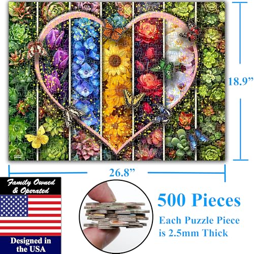 Think2Master Colorful Flowers Succulents & Butterflies 500 Pieces Very Large Pieces Jigsaw Puzzle for 13+ Adults & Seniors. Beautiful Vibrant Heart Valentine's Day Illustration 26.8” X 18.9” - style: Flowers & Succulents
