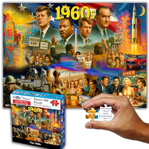 Think2Master 1960s 500 Pieces Very Large Pieces Jigsaw Puzzle: 13+, Teens, Adults & Seniors. Travel Back in Time with the Nostalgic Collage. Great Gift. Size: 26.8” X 18.9” - style: 1960s